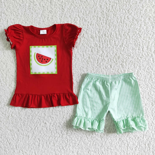 Promotion Baby Girl Red Short Sleeves Embroidery Watermelon Shirt Plaid Shorts Set