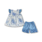 Promotion Baby Girl Short Sleeves Flower Tunic Blue Ruffle Shorts Set RTS