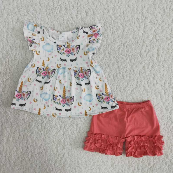 Promotion Baby Girl Summer Unicorn Ruffle Shorts Outfit