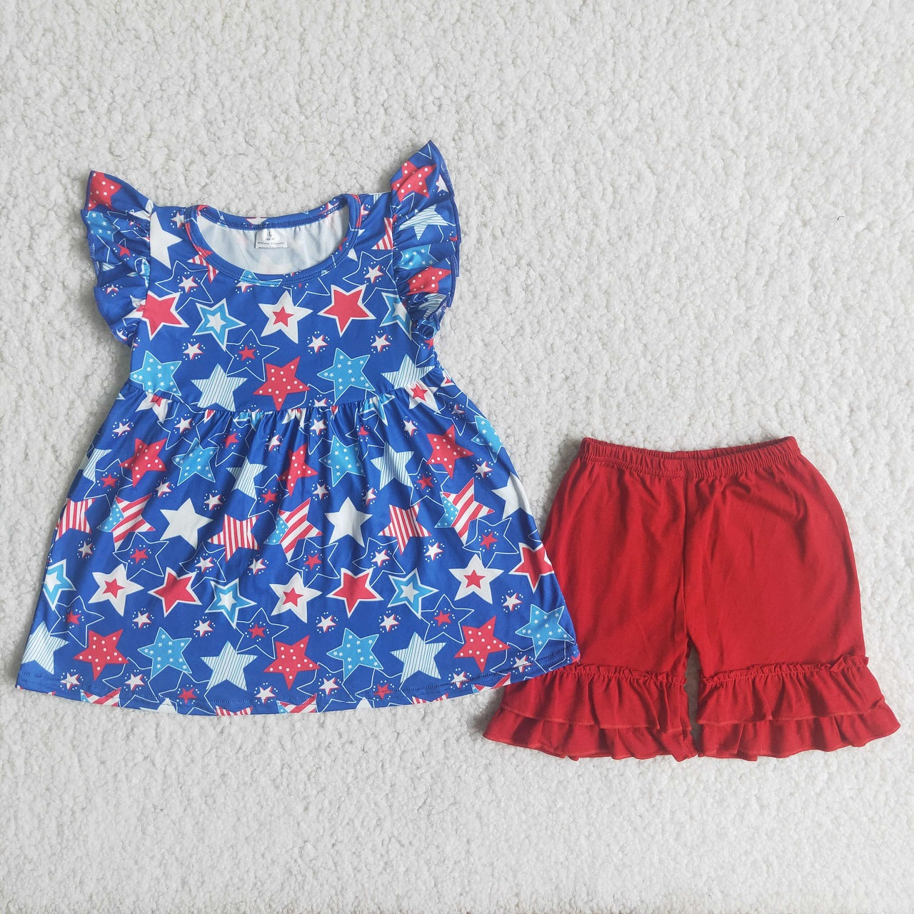 Promotion Baby Girl July 4th Stars Tunic Red Ruffle Shorts Summer Outfit