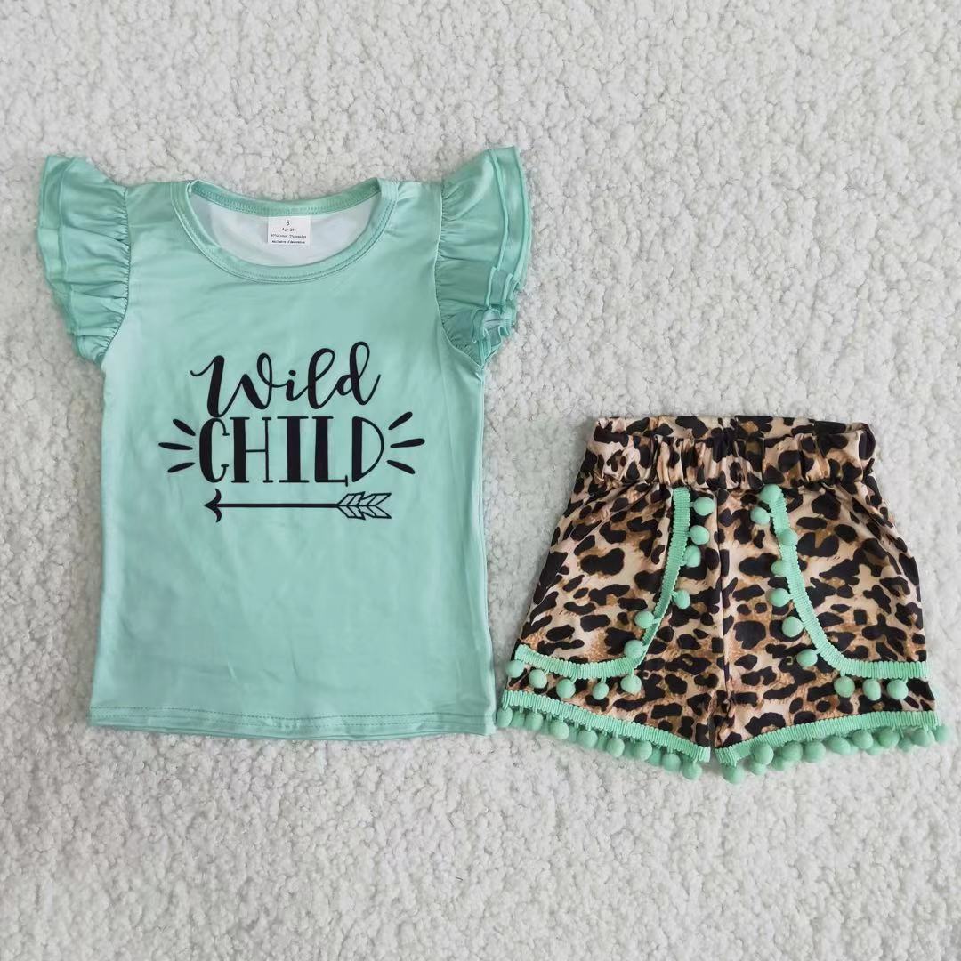 Promotion Baby Girl Summer Green Wild Child Leopard Shorts Outfit