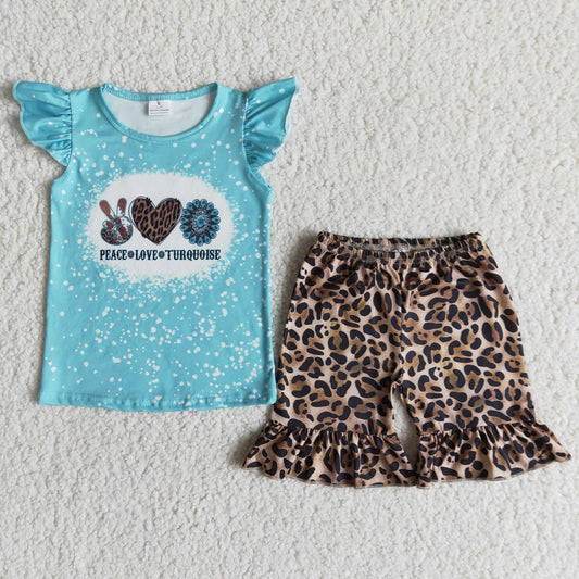 Promotion Baby Girl Summer Short Sleeves Turquoise Ruffle Leopard Shorts Outfit