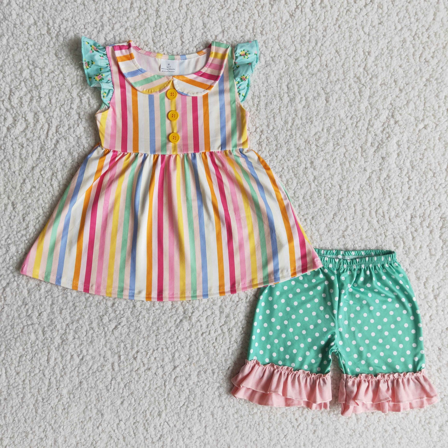 Promotion A15-9 Baby Girl Stripes Tunic Ruffle Shorts Summer Set