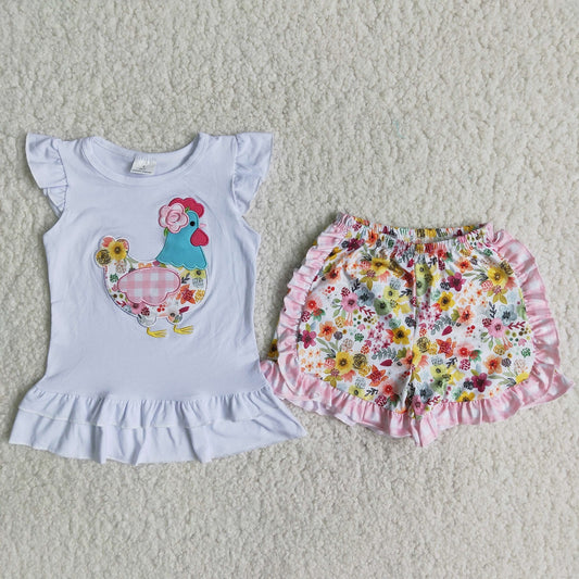 Promotion Baby Girl Embroidery Chicken Tops Floral Shorts Summer Outfit