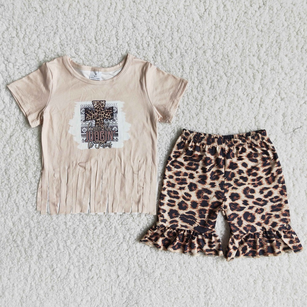 Promotion Baby Girl Summer Shirt Leopard Shorts Set