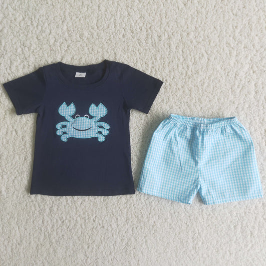 Promotion Baby Boy Short Sleeves Embroidery Crab Shirt Blue Plaid Shorts Set