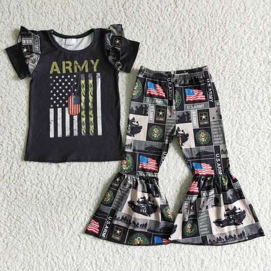 Promotion Baby Girl Short Sleeves Bell Pants Flag Outfit