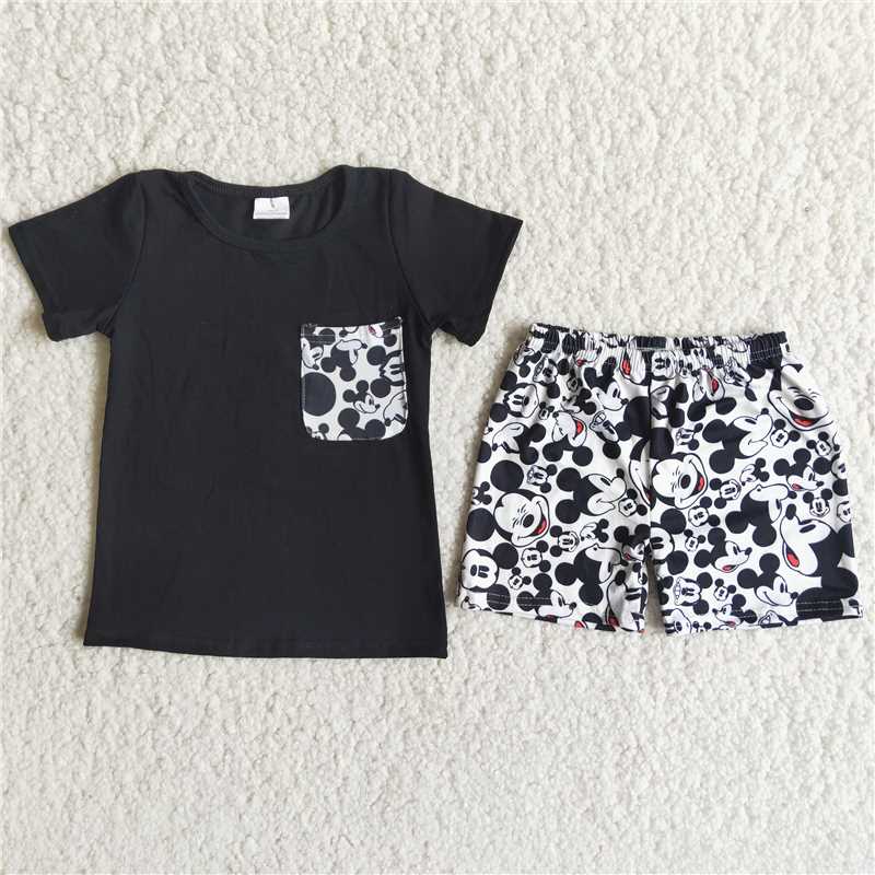 Promotion Baby Boy Short Sleeves Shirt Cartoon Pocket Black Shorts Outfit