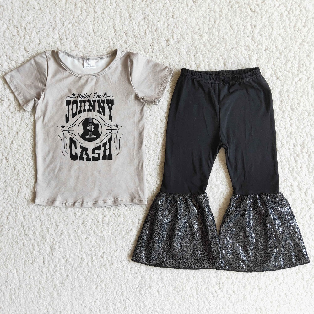 Promotion Baby Girl Gray Short Sleeves Sequins Bell Pants Singer Outfit