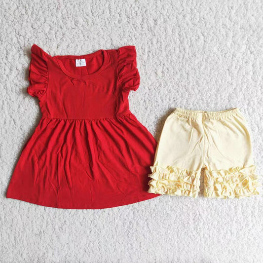 Promotion Baby Girl Summer Red Tunic Ruffle Shorts Cotton Set