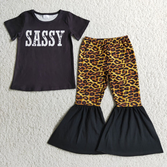 Promotion Baby Girl Short Sleeves Sassy Leopard Bell Pants Outfit