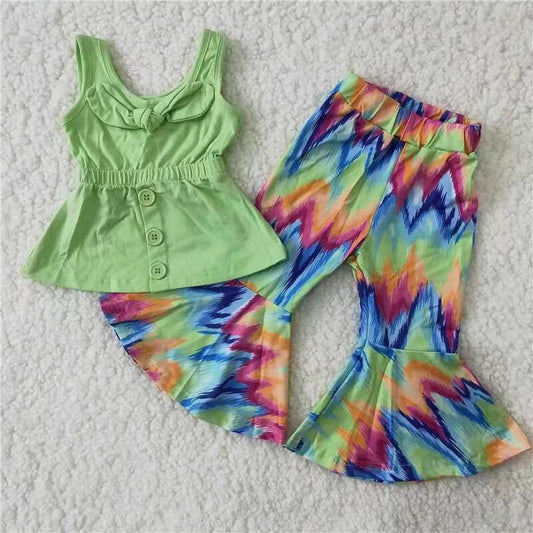 Promotion A17-23 Baby Girl Sleeveless Green Tunic Tie Dye Bell Pants Set