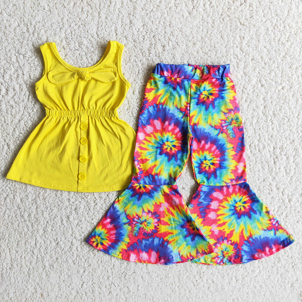 Promotion A17-24 Baby Girl Sleeveless Yellow Tunic Tie Dye Bell Pants Set