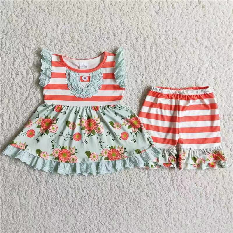 Promotion Baby Girl Summer Floral Tunic Stripe Ruffle Shorts Outfit