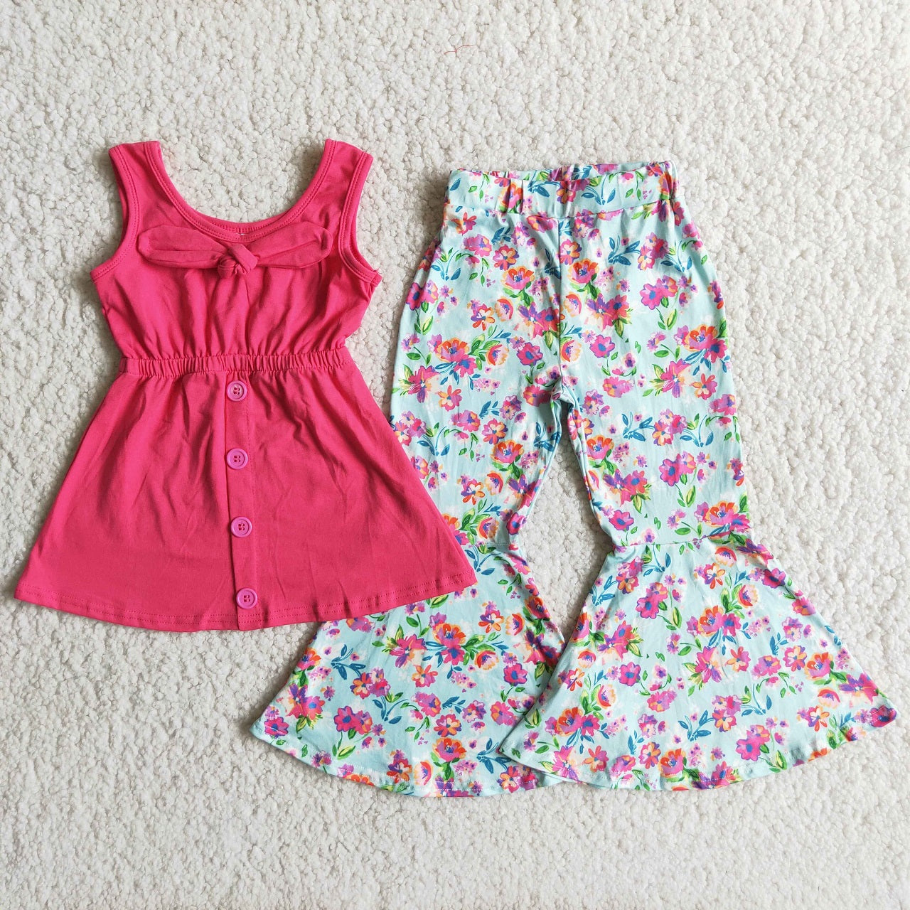 Promotion A18-11 Baby Girl Sleeveless Cotton Tops Floral Bell Pants Sets