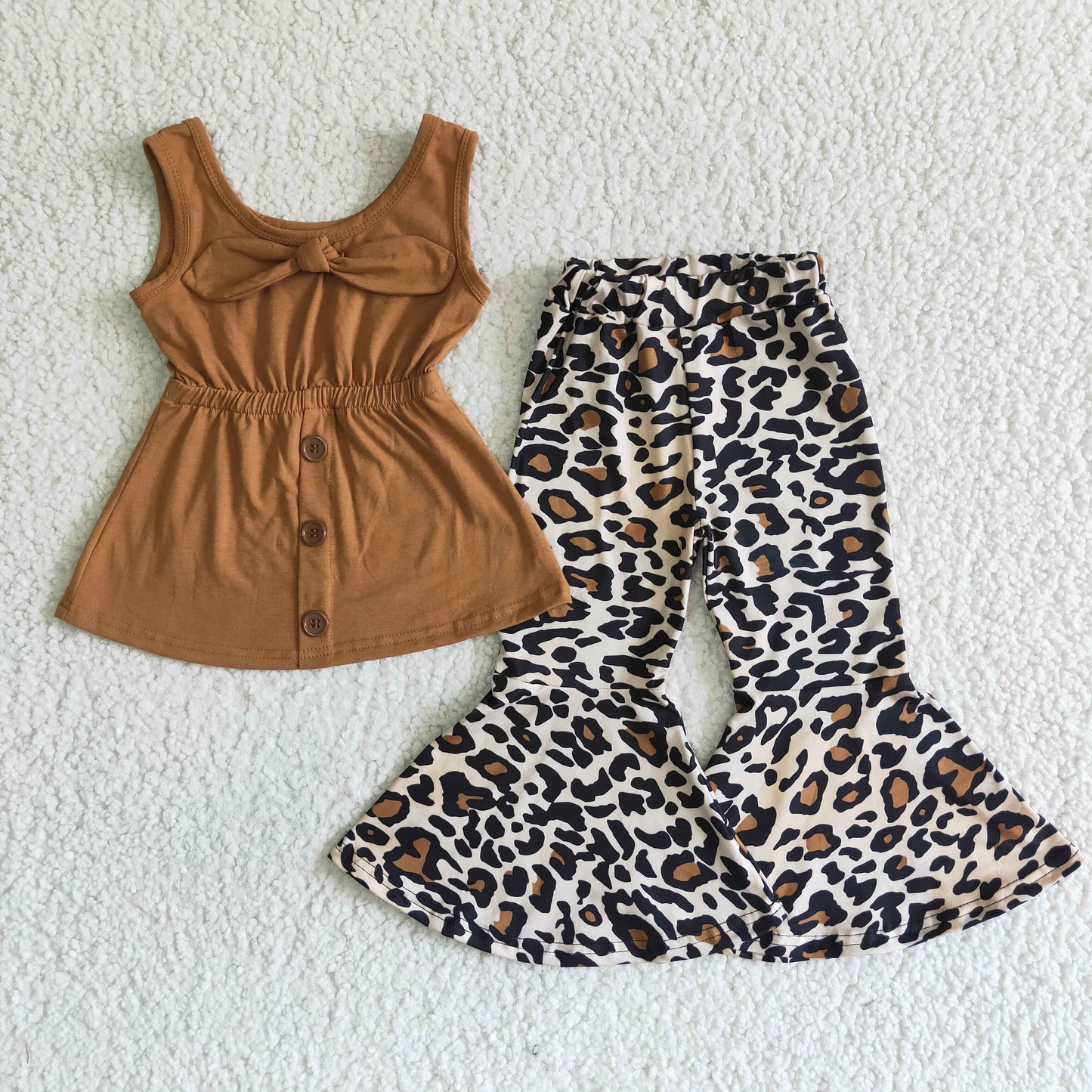 Promotion A18-3 Baby Girl Brown Bow Leopard Sleeveless Bell Pants Set