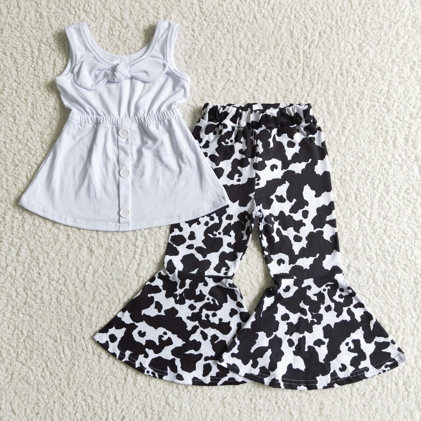 Promotion A18-4 Baby Girl White Bow Cow Print Sleeveless Bell Pants Set