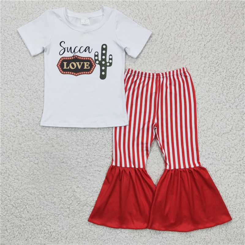 Promotion A2-1 Baby Girl Short Sleeves Cactus Shirt Stripes Bell Pants Outfit