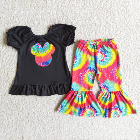 Promotion A3-10 Baby Girl Short Sleeves Embroidery Shirt Tie Dye Capri Pants Outfit