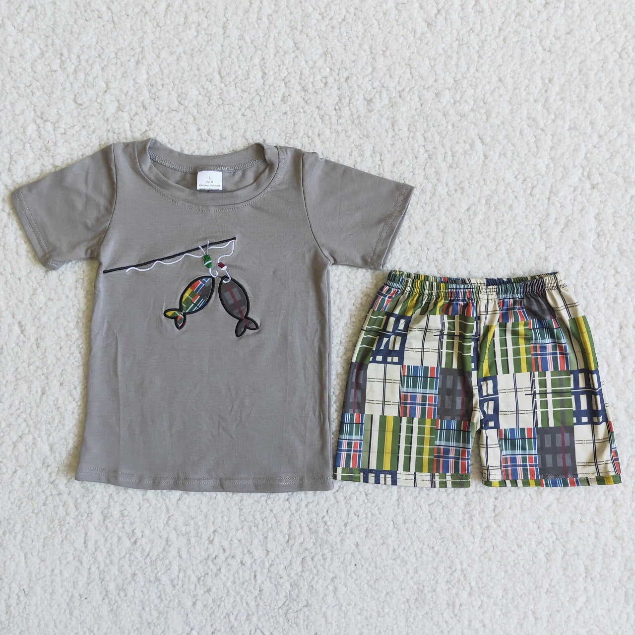 Promotion Baby Boy Embroidery Fishing Shirt Plaid Shorts Summer Outfit