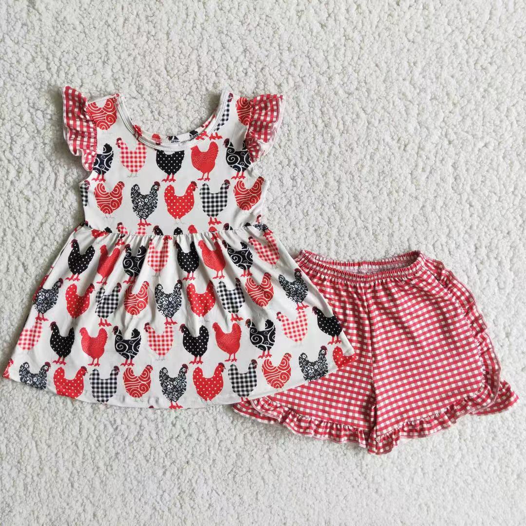 Promotion Baby Girl Summer Short Sleeves Chicken Tunic Plaid Ruffle Shorts Set