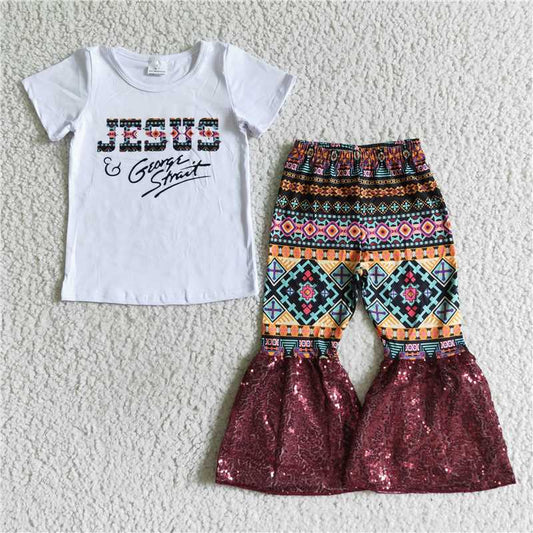 Promotion A3-9 Baby Girl Jesus Red Sequins Bell Pants Outfit