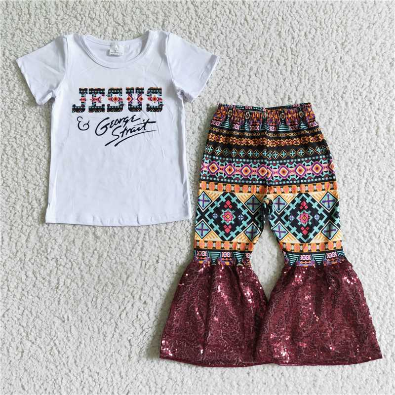 Promotion Baby Girl Jesus Red Sequins Bell Pants Outfit