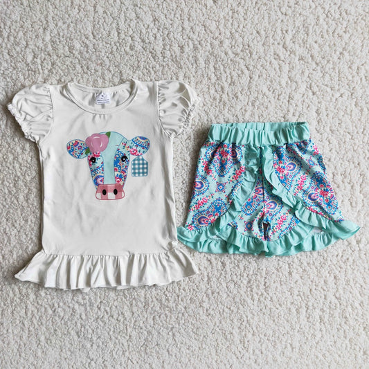 Promotion Baby Girl Short Sleeves Cow Shirt Ruffle Shorts Western Set