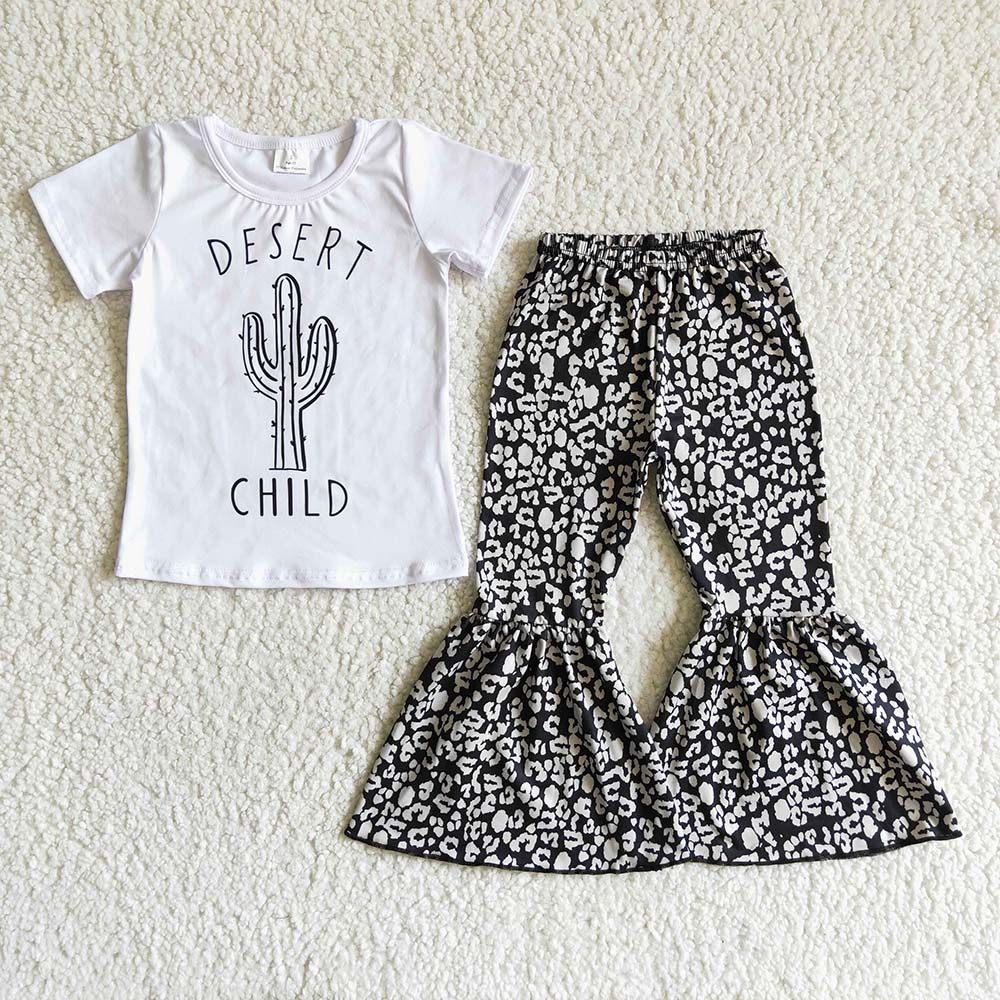 Promotion Baby Girl Short Sleeves Cactus Leopard Bell Pants Outfit