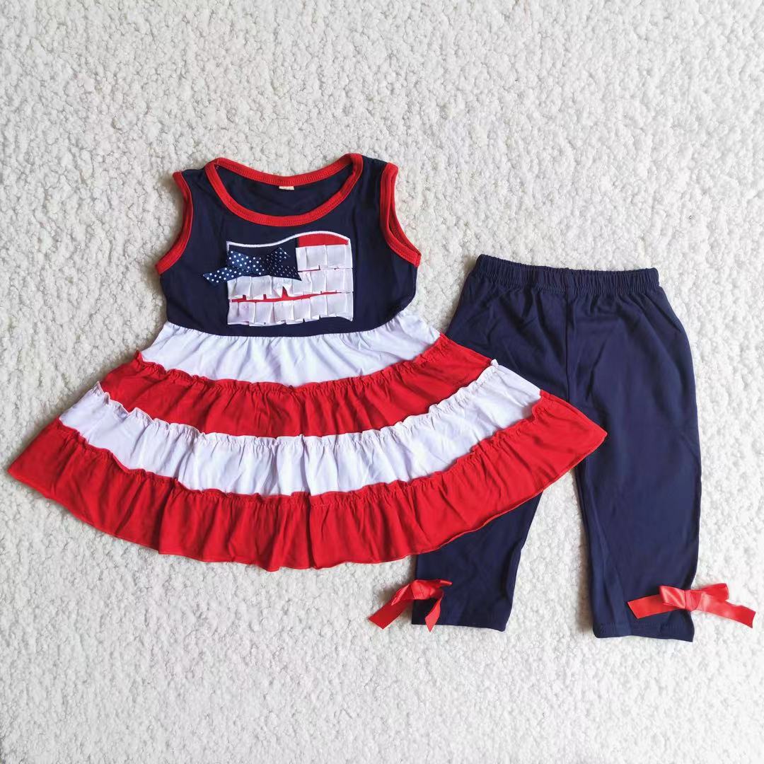 Promotion Baby Girl Embroidery Flag Tops Set