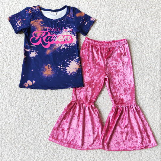 Promotion Baby Girl Short Sleeves Shirt Pink Velvet Bell Pants Outfit