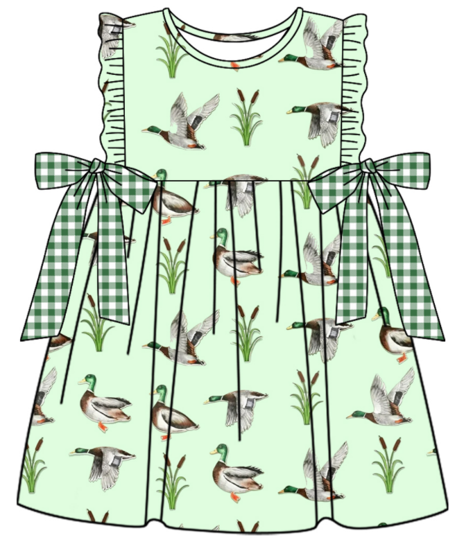 Baby Boy Girl Ducks Green Plaid Sibling Matching Green Dress Romper Clothes Set ( Moq 5 Each style )