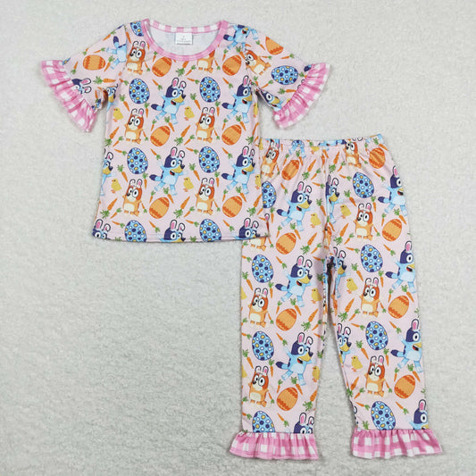 GSPO1253 Easter Baby Girl Short Sleeves Dogs Eggs Shirt Pants Pink Set Pajamas