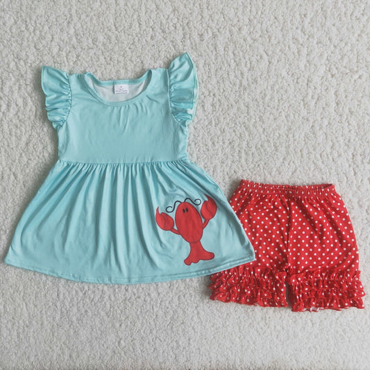 Promotion Baby Girl Short Sleeves Crawfish Green Tunic Red Plaid Shorts Set