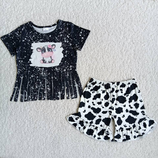 Promotion Baby Girl Summer Black Short Sleeves Shirt Ruffle Cow Print Shorts Western Outfit