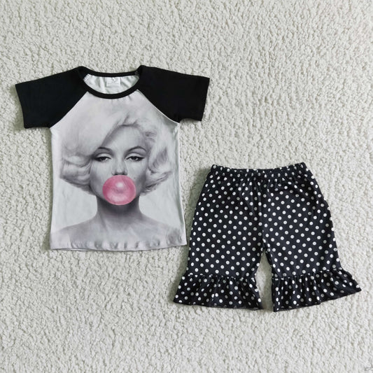 Promotion Baby Girl Summer Music Singer Shirt Ruffle Dots Shorts Outfit