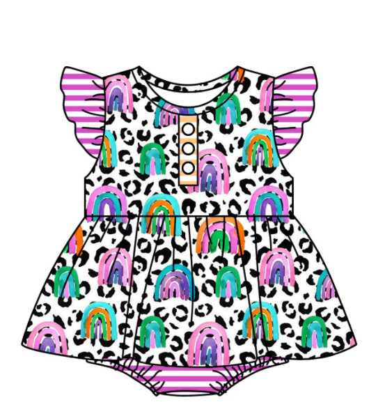 Baby Girl Leopard Rainbow Sibling Romper Dress Clothes Set ( Moq 5 Each Design )