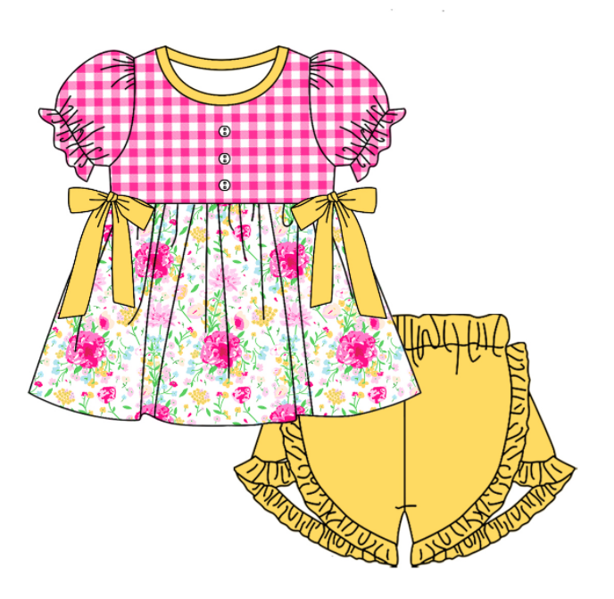 Baby Girl Short Sleeves Flower Pink Plaid Sibling Romper Dress Clothes Set ( Moq 5 Each Design )11.19