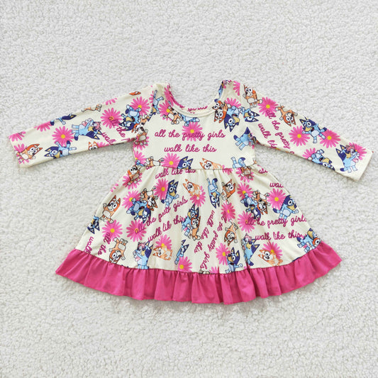 GLD0214 Baby Girl Long Sleeves Dogs Floral Dress