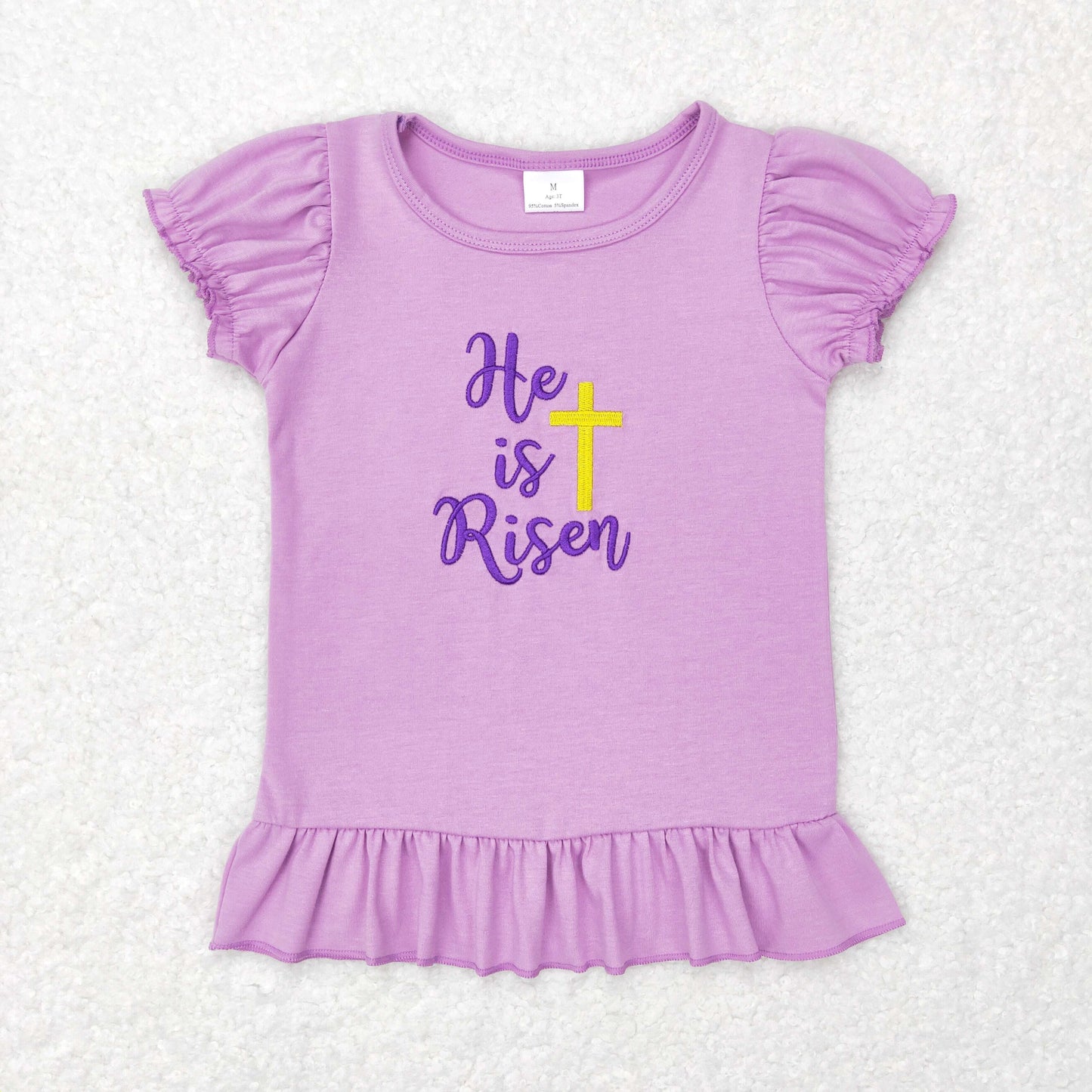 GT0393 Easter Baby Girl Short Sleeves Embroidery Cross Purple Tops