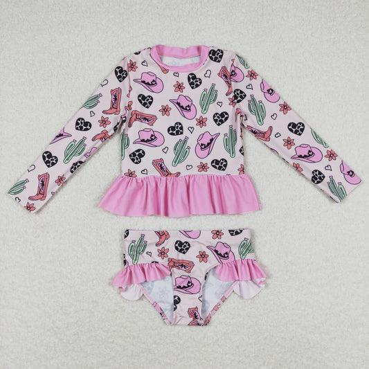 Baby Girl Bathing Suit Long Sleeves Hats Cactus Floral Pink Tops Shorts Set Western Swimsuit