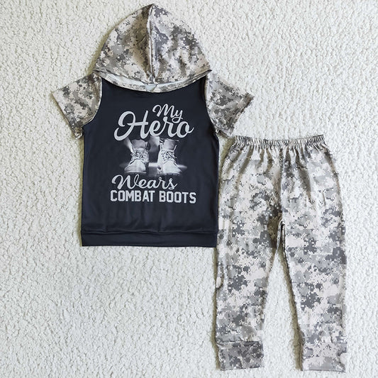 Promotion A6-10 Baby Boy Short Sleeves Hoodie Shirt Camo Pants Outfit