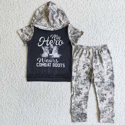 Promotion Baby Girl Short Sleeves Hoodie Shirt Camo Pants Outfit