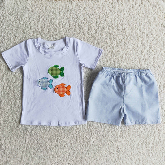 Promotion Baby Boy Short Sleeves Embroidery Fish Shirt Shorts Outfit