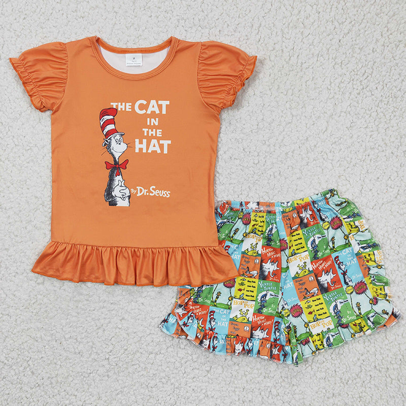 Promotion Baby Girl Short Sleeves Dr Reading Orange Shirt Shorts Set