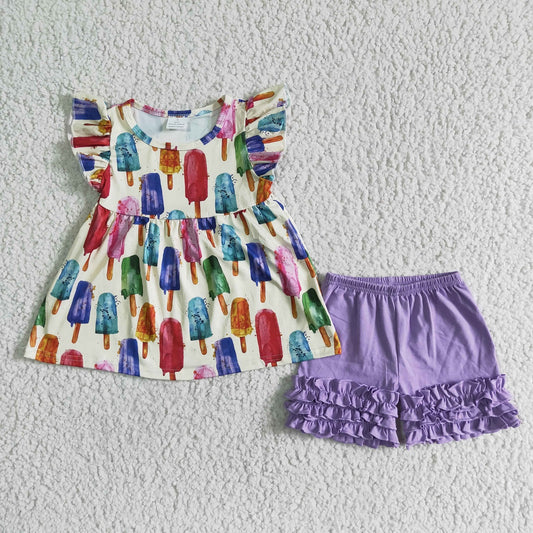 Promotion Baby Girl Short Sleeves Popsicle Shirt Purple Shorts Set