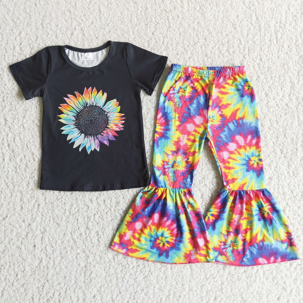 Promotion Baby Girl Short Sleeves Sunflower Shirt Tie Dye Bell Pants Outfit