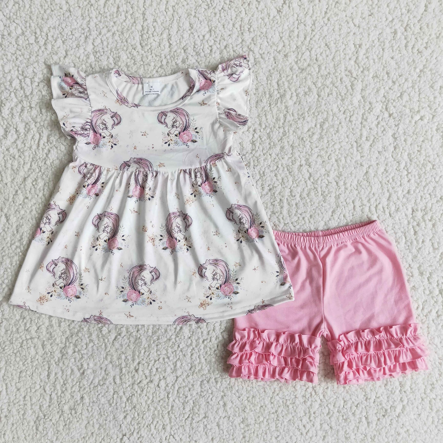 Promotion Baby Girl Summer Short Sleeves Shirt Pink Ruffle Print Shorts Outfit