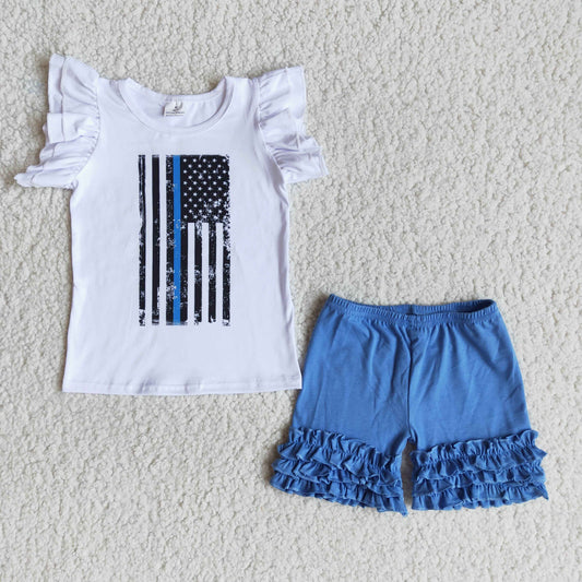 Promotion Baby Girl Summer Short Sleeves Flag Shirt Blue Shorts Outfit