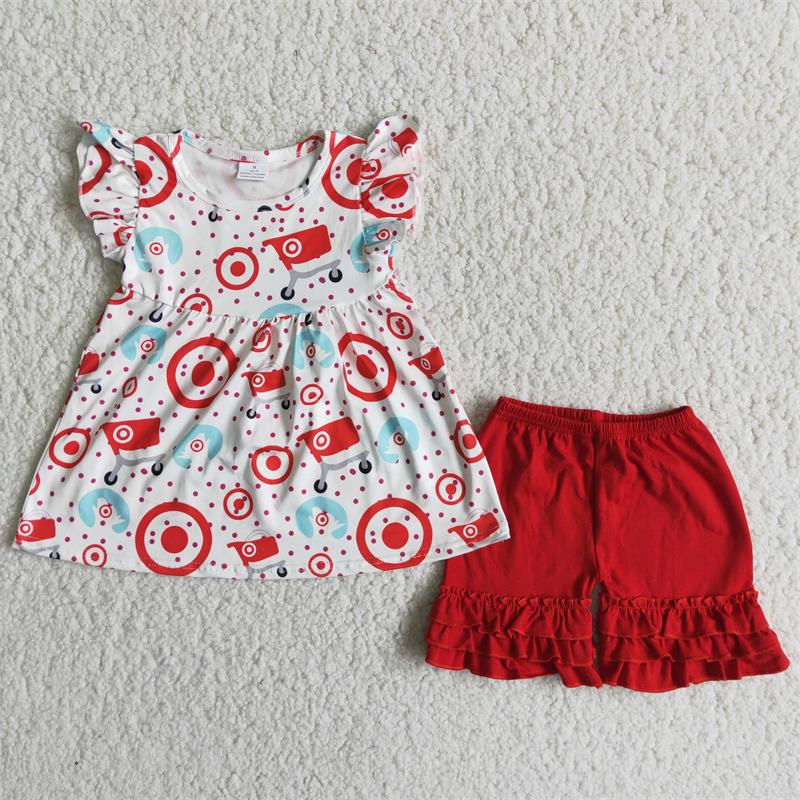 Promotion A7-14 Baby Girl Summer Short Sleeves Shirt Red Ruffle Shorts Outfit